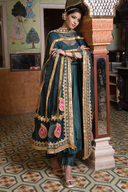 Buy_Gulabo Jaipur_Emerald Green Chanderi Gota Patti, Shri Anarkali Set With Embroidered Dupatta _Online_at_Aza_Fashions