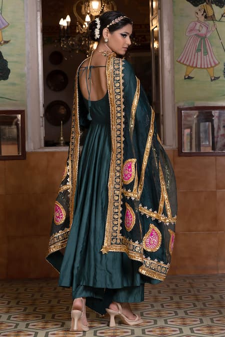 Gulabo Jaipur_Emerald Green Chanderi Gota Patti, Shri Anarkali Set With Embroidered Dupatta _at_Aza_Fashions