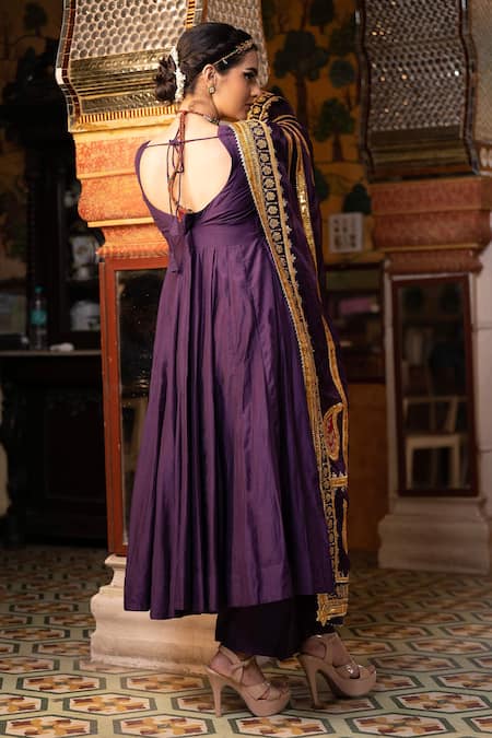 Shop Gulabo Jaipur Purple Chanderi Sequins, Gota Patti, Shri Anarkali Set With Embroidered Dupatta at Aza Fashions Shop_Gulabo Jaipur_Purple Chanderi Sequins, Gota Patti, Shri Anarkali Set With Embroidered Dupatta _at_Aza_Fashions