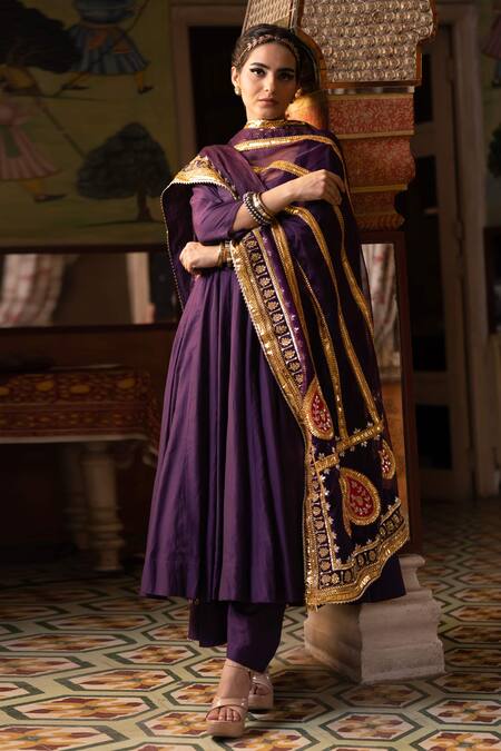 Gulabo Jaipur Purple Chanderi Sequins, Gota Patti, Shri Anarkali Set With Embroidered Dupatta Online at Aza Fashions Gulabo Jaipur_Purple Chanderi Sequins, Gota Patti, Shri Anarkali Set With Embroidered Dupatta _Online_at_Aza_Fashions