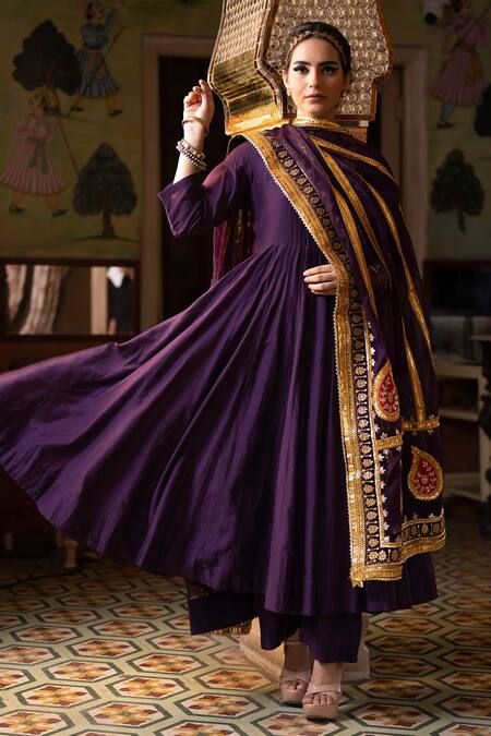 Buy Gulabo Jaipur Purple Chanderi Sequins, Gota Patti, Shri Anarkali Set With Embroidered Dupatta Online at Aza Fashions Buy_Gulabo Jaipur_Purple Chanderi Sequins, Gota Patti, Shri Anarkali Set With Embroidered Dupatta _Online_at_Aza_Fashions