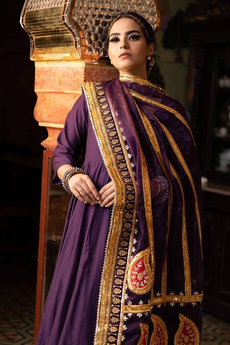 Shop Gulabo Jaipur Purple Chanderi Sequins, Gota Patti, Shri Anarkali Set With Embroidered Dupatta Online at Aza Fashions Shop_Gulabo Jaipur_Purple Chanderi Sequins, Gota Patti, Shri Anarkali Set With Embroidered Dupatta _Online_at_Aza_Fashions