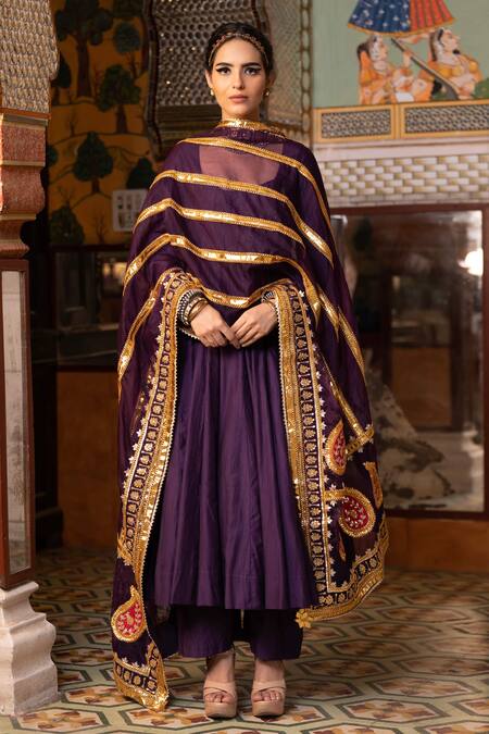 Gulabo Jaipur Purple Chanderi Sequins, Gota Patti, Shri Anarkali Set With Embroidered Dupatta at Aza Fashions Gulabo Jaipur_Purple Chanderi Sequins, Gota Patti, Shri Anarkali Set With Embroidered Dupatta _at_Aza_Fashions