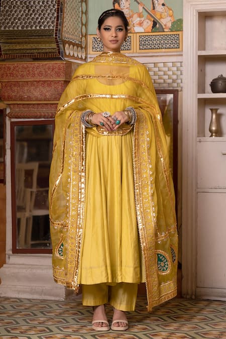 Gulabo Jaipur_Yellow Chanderi Sequins, Gota Shri Flared Anarkali Set With Embroidered Dupatta _Online_at_Aza_Fashions