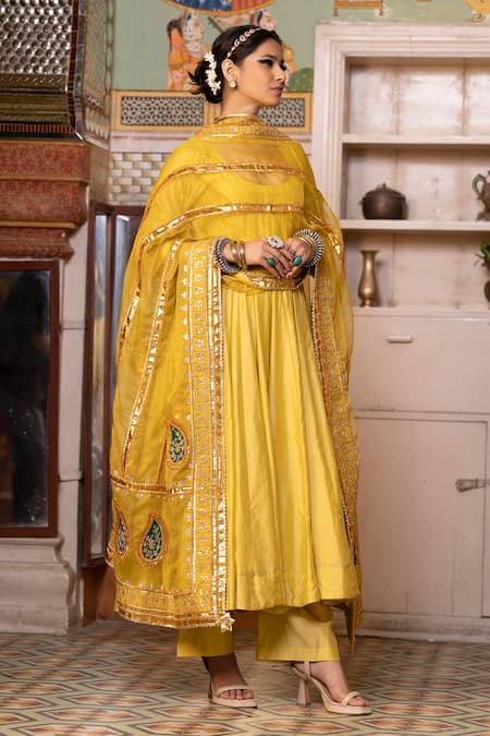 Buy_Gulabo Jaipur_Yellow Chanderi Sequins, Gota Shri Flared Anarkali Set With Embroidered Dupatta _Online_at_Aza_Fashions