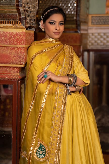 Shop_Gulabo Jaipur_Yellow Chanderi Sequins, Gota Shri Flared Anarkali Set With Embroidered Dupatta _Online_at_Aza_Fashions