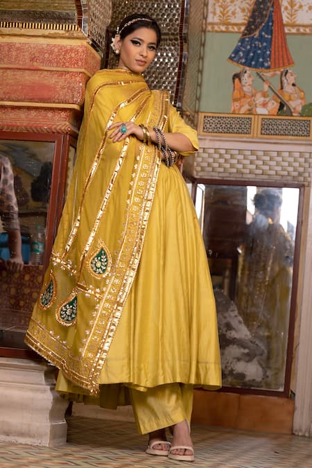 Gulabo Jaipur_Yellow Chanderi Sequins, Gota Shri Flared Anarkali Set With Embroidered Dupatta _at_Aza_Fashions