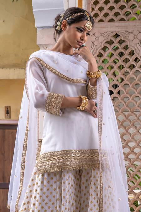 Gulabo Jaipur_White Georgette Sequins, Embroidery V-neck Srishti Short Kurta Sharara Set_Online_at_Aza_Fashions