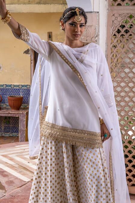 Buy_Gulabo Jaipur_White Georgette Sequins, Embroidery V-neck Srishti Short Kurta Sharara Set_Online_at_Aza_Fashions
