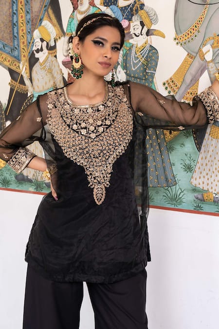 Buy Gulabo Jaipur Black Organza, Muslin Sequins, Beads Zifa Zardozi Embroidered Kurta Pant Set Online at Aza Fashions Buy_Gulabo Jaipur_Black Organza, Muslin Sequins, Beads Zifa Zardozi Embroidered Kurta Pant Set _Online_at_Aza_Fashions