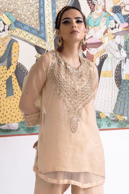 Gulabo Jaipur_Gold Organza, Muslin Sequins Round Neck Zifa Zardozi Work Kurta Pant Set _Online_at_Aza_Fashions
