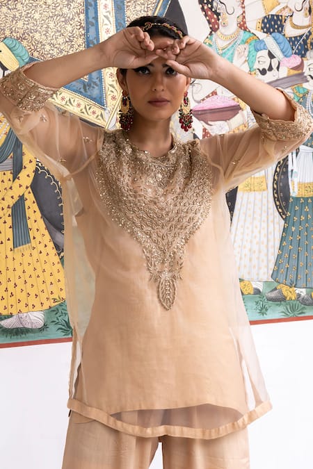 Buy_Gulabo Jaipur_Gold Organza, Muslin Sequins Round Neck Zifa Zardozi Work Kurta Pant Set _Online_at_Aza_Fashions
