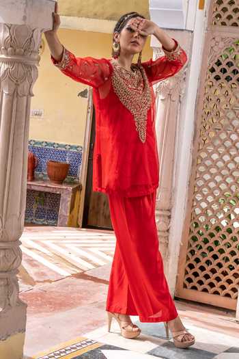 Shop Gulabo Jaipur Red Organza, Muslin Zari Round Neck Zifa Floral Zardozi Work Kurta Pant Set Online at Aza Fashions Shop_Gulabo Jaipur_Red Organza, Muslin Zari Round Neck Zifa Floral Zardozi Work Kurta Pant Set _Online_at_Aza_Fashions