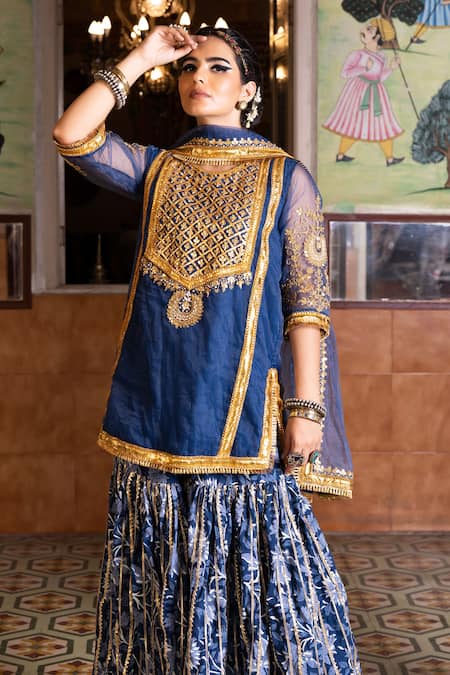 Gulabo Jaipur_Blue Organza Gota Patti, Sequins, Aasman Yoke Embroidered Kurta Sharara Set _Online_at_Aza_Fashions