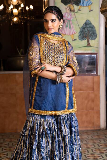 Buy_Gulabo Jaipur_Blue Organza Gota Patti, Sequins, Aasman Yoke Embroidered Kurta Sharara Set _Online_at_Aza_Fashions