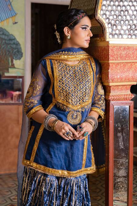 Shop_Gulabo Jaipur_Blue Organza Gota Patti, Sequins, Aasman Yoke Embroidered Kurta Sharara Set _Online_at_Aza_Fashions