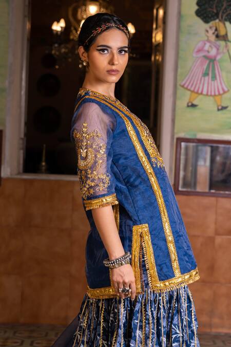 Gulabo Jaipur_Blue Organza Gota Patti, Sequins, Aasman Yoke Embroidered Kurta Sharara Set _at_Aza_Fashions