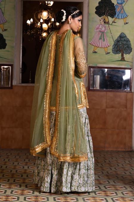 Shop Gulabo Jaipur Green Organza Embroidery, Gota Patti, Sequins, Aasman Yoke Kurta Sharara Set at Aza Fashions Shop_Gulabo Jaipur_Green Organza Embroidery, Gota Patti, Sequins, Aasman Yoke Kurta Sharara Set _at_Aza_Fashions