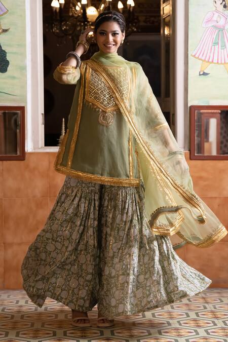 Gulabo Jaipur Green Organza Embroidery, Gota Patti, Sequins, Aasman Yoke Kurta Sharara Set Online at Aza Fashions Gulabo Jaipur_Green Organza Embroidery, Gota Patti, Sequins, Aasman Yoke Kurta Sharara Set _Online_at_Aza_Fashions