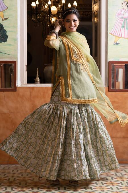 Buy Gulabo Jaipur Green Organza Embroidery, Gota Patti, Sequins, Aasman Yoke Kurta Sharara Set Online at Aza Fashions Buy_Gulabo Jaipur_Green Organza Embroidery, Gota Patti, Sequins, Aasman Yoke Kurta Sharara Set _Online_at_Aza_Fashions