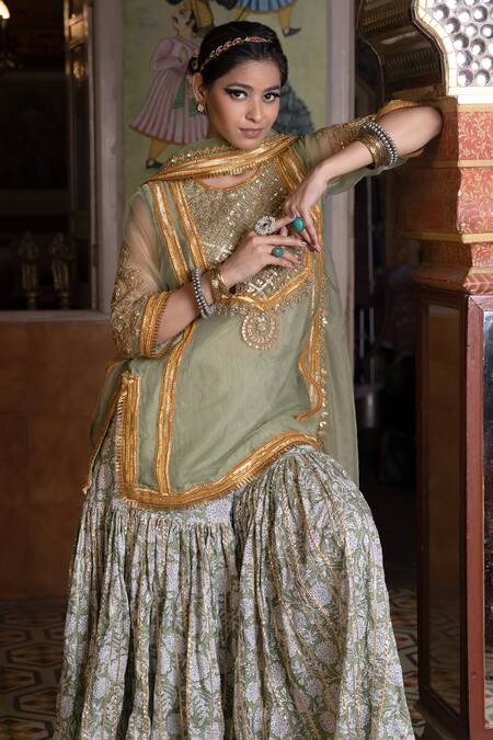 Gulabo Jaipur Green Organza Embroidery, Gota Patti, Sequins, Aasman Yoke Kurta Sharara Set at Aza Fashions Gulabo Jaipur_Green Organza Embroidery, Gota Patti, Sequins, Aasman Yoke Kurta Sharara Set _at_Aza_Fashions