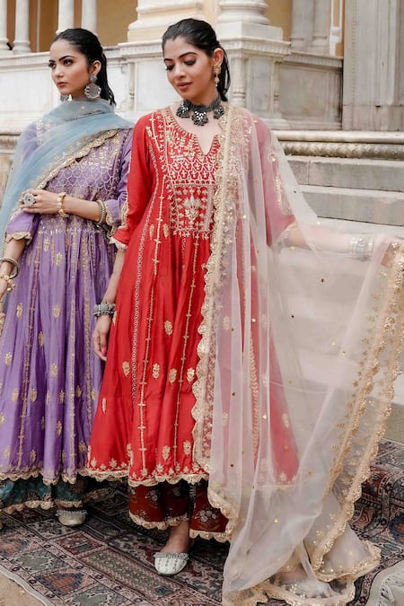 Gulabo Jaipur_Maroon Chanderi Embroidery, Gota Patti, Sequins Split V-neck Afri Anarkali Set _Online_at_Aza_Fashions