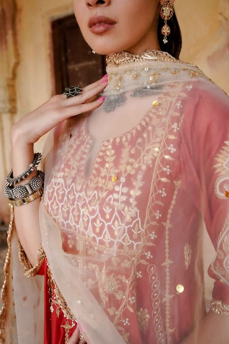 Gulabo Jaipur_Maroon Chanderi Embroidery, Gota Patti, Sequins Split V-neck Afri Anarkali Set _at_Aza_Fashions