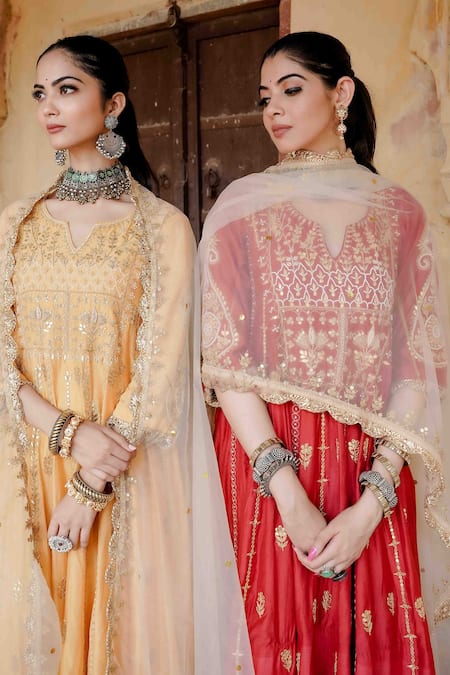 Buy_Gulabo Jaipur_Maroon Chanderi Embroidery, Gota Patti, Sequins Split V-neck Afri Anarkali Set 