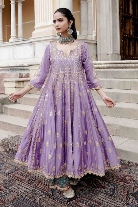 Gulabo Jaipur_Purple Chanderi Sequins, Zari, Gota Patti Split Afri Embroidered Anarkali Set _Online_at_Aza_Fashions