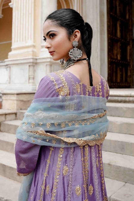 Buy_Gulabo Jaipur_Purple Chanderi Sequins, Zari, Gota Patti Split Afri Embroidered Anarkali Set _Online_at_Aza_Fashions