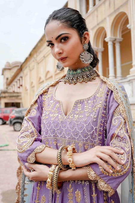 Shop_Gulabo Jaipur_Purple Chanderi Sequins, Zari, Gota Patti Split Afri Embroidered Anarkali Set _Online_at_Aza_Fashions