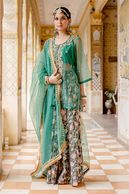 Buy Green Organza Hand Block Atefa Zardozi Embroidered Kurta Sharara ...