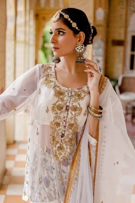 Gulabo Jaipur_White Cotton, Organza Embroidery, Sequins, Zari Round Atefa Kurta Sharara Set _Online_at_Aza_Fashions