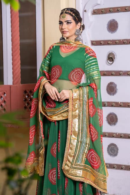 Shop_Gulabo Jaipur_Green Chiffon Gota Patti V-neck Chanchal Bandhani Print Skirt Set _Online_at_Aza_Fashions