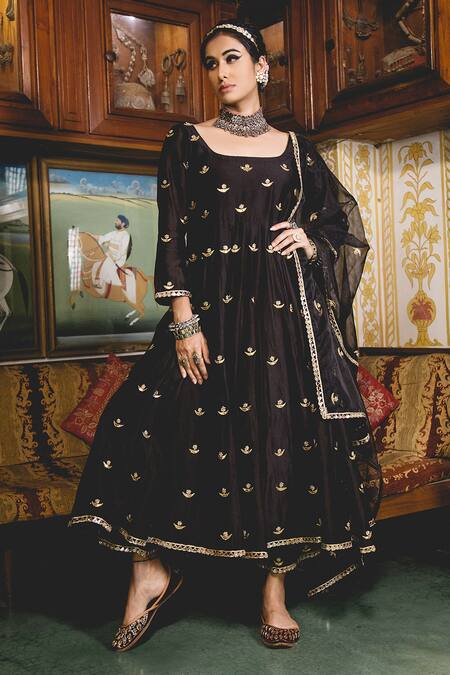 Gulabo Jaipur_Black Muslin Embroidery, Gota Patti Square Neck Chandni Anarkali Set _Online_at_Aza_Fashions