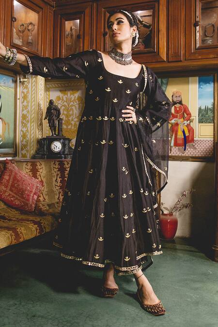 Buy_Gulabo Jaipur_Black Muslin Embroidery, Gota Patti Square Neck Chandni Anarkali Set _Online_at_Aza_Fashions