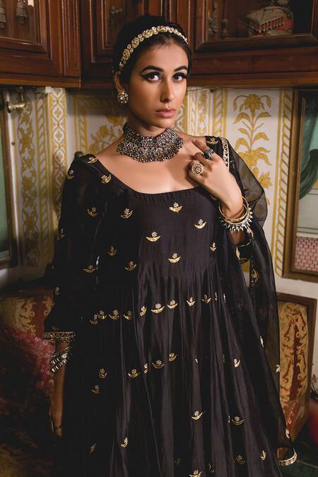 Gulabo Jaipur_Black Muslin Embroidery, Gota Patti Square Neck Chandni Anarkali Set _at_Aza_Fashions