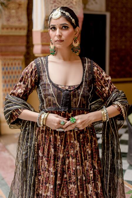 Gulabo Jaipur_Black Cotton Embroidery, Farah Hand Block Printed Anarkali Set With Jacket _Online_at_Aza_Fashions