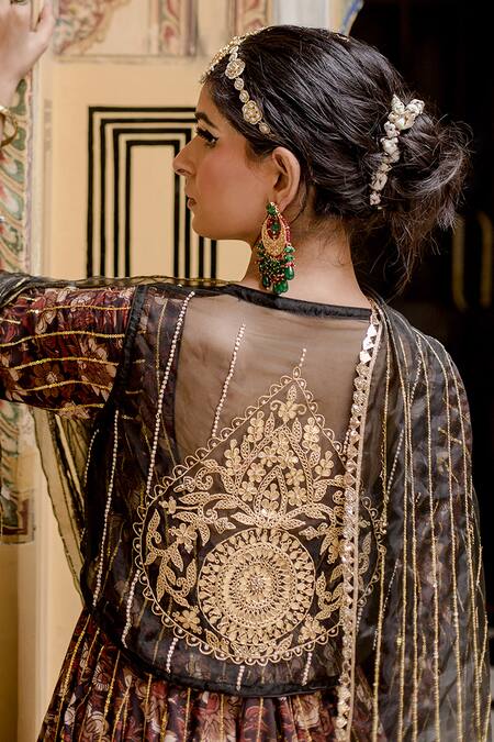 Shop_Gulabo Jaipur_Black Cotton Embroidery, Farah Hand Block Printed Anarkali Set With Jacket _Online_at_Aza_Fashions