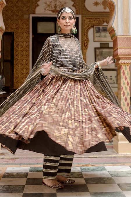 Gulabo Jaipur_Black Cotton Embroidery, Farah Hand Block Printed Anarkali Set With Jacket _at_Aza_Fashions