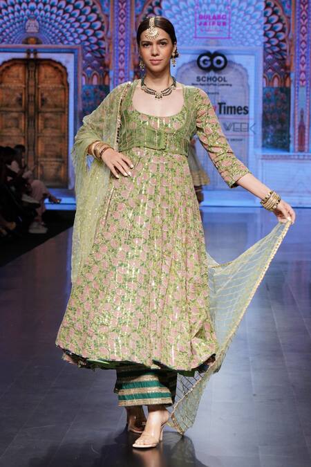 Buy_Gulabo Jaipur_Green Cotton Pearls, Sequins, Farah Printed Anarkali Set With Jacket_Online_at_Aza_Fashions