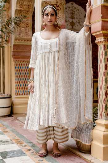 Gulabo Jaipur_White Cotton Sequins, Embroidery Farah Floral Print Anarkali Set With Jacket _Online_at_Aza_Fashions