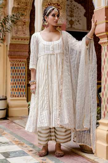 Shop_Gulabo Jaipur_White Cotton Sequins, Embroidery Farah Floral Print Anarkali Set With Jacket _Online_at_Aza_Fashions