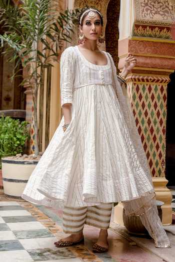 Gulabo Jaipur_White Cotton Sequins, Embroidery Farah Floral Print Anarkali Set With Jacket _at_Aza_Fashions