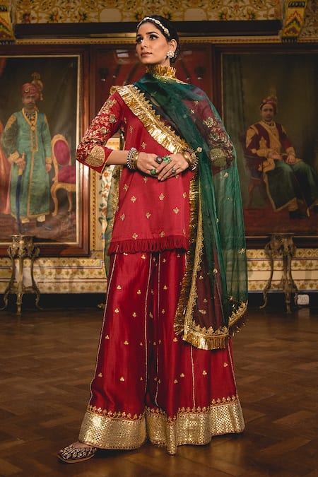 Gulabo Jaipur_Maroon Chanderi Embroidery, Zari, Gota Patti Split Imama Kurta Sharara Set _Online_at_Aza_Fashions