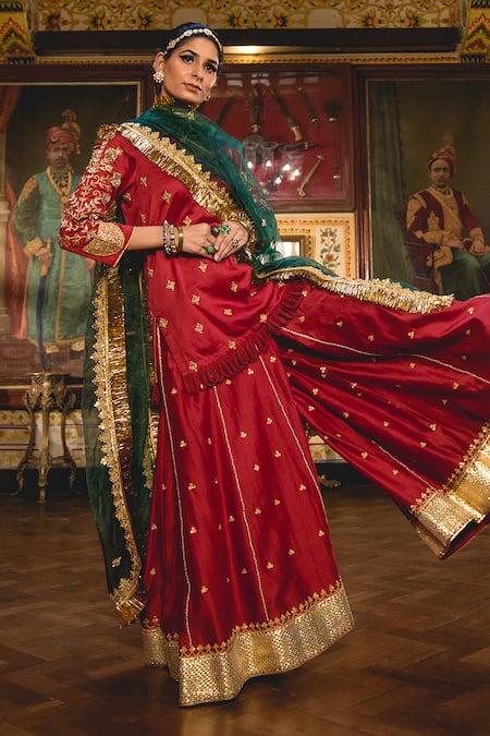 Buy_Gulabo Jaipur_Maroon Chanderi Embroidery, Zari, Gota Patti Split Imama Kurta Sharara Set _Online_at_Aza_Fashions