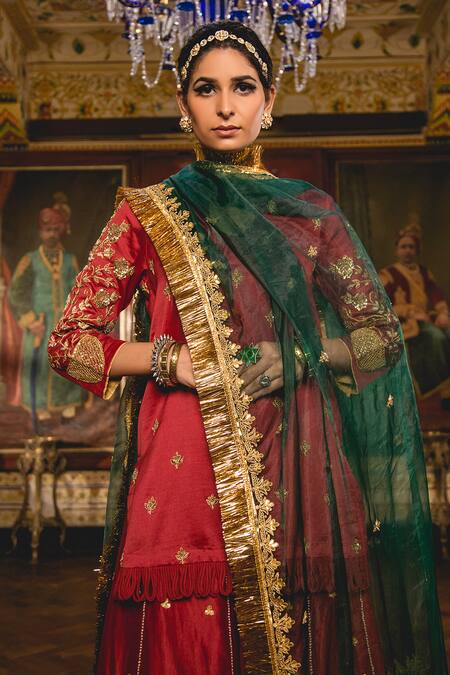 Shop_Gulabo Jaipur_Maroon Chanderi Embroidery, Zari, Gota Patti Split Imama Kurta Sharara Set _Online_at_Aza_Fashions