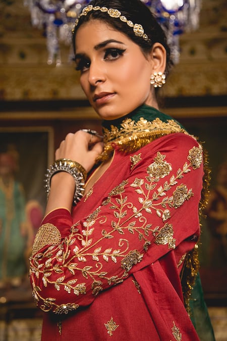 Gulabo Jaipur_Maroon Chanderi Embroidery, Zari, Gota Patti Split Imama Kurta Sharara Set _at_Aza_Fashions