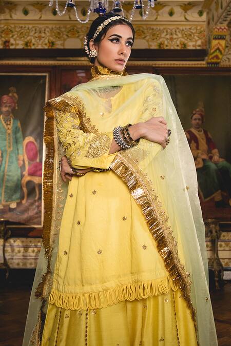 Gulabo Jaipur_Yellow Chanderi Embroidery, Gota Patti, Zari Split Imama Kurta Sharara Set _Online_at_Aza_Fashions
