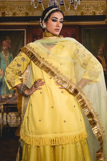 Buy_Gulabo Jaipur_Yellow Chanderi Embroidery, Gota Patti, Zari Split Imama Kurta Sharara Set _Online_at_Aza_Fashions